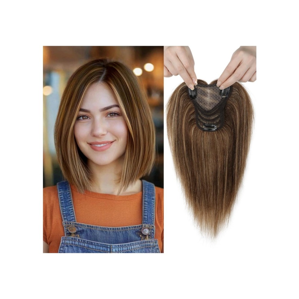 10in Real Human Hair Topper Swiss Base Hand-Tied Medium Brown Honey Blonde Mix